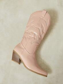 Styleloop Women's Autumn/Winter Embroidered Western Leather Boots, Slip-On Pointed Toe Chunky Heel Mid-Calf Casual Knee-High Boots Fall Boots - Pink - View 6