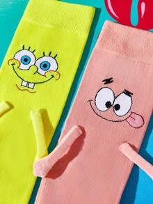SpongeBob SquarePants | SHEIN 2雙可愛圖案女款筒襪，磁吸手襪，適合情人節禮物，情人節 - 混色 - 查看 3