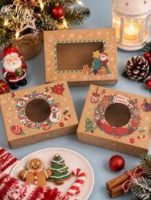 Muroi Mono A Set Of 3 Christmas Window Boxes, Kraft Paper With Transparent Window Design, Warm Retro Christmas Style, For Cookie Baking Packaging And Holiday Gift Storage. - View 7