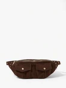 Viva Strut Women's Fashionable Simple Casual Street Retro Coffee Suede Gold Rivet Multi-Bag Design Waist/Chest Bag, Daily Shopping School - Coffee - View 4