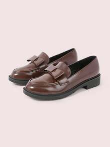 CUCCOO DOLLMOD Sepatu Loafer Wanita Cokelat dengan Pita, Ujung Bulat dan Hak Tebal, Gaya Inggris, Sepatu Kulit untuk Perjalanan Kantor Sehari-hari - Coklat - View 2