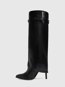 CUCCOO SZL Ladies Black Autumn And Winter Pointed Stiletto Sleeve Stylish And Simple Daily Versatile Skinny Patent Leather Knee Boots - Black - View 4