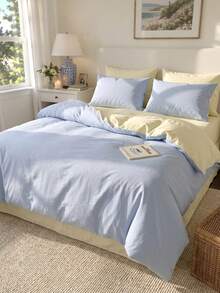 Cirelle 3pcs Cotton Reversible Duvet Cover Set, Light Blue & Cream Yellow Solid Color Bedding Set With Pillow Shams, Soft Breathable Comforter Cover (No Insert) - Cream yellow + sky blue - View 1