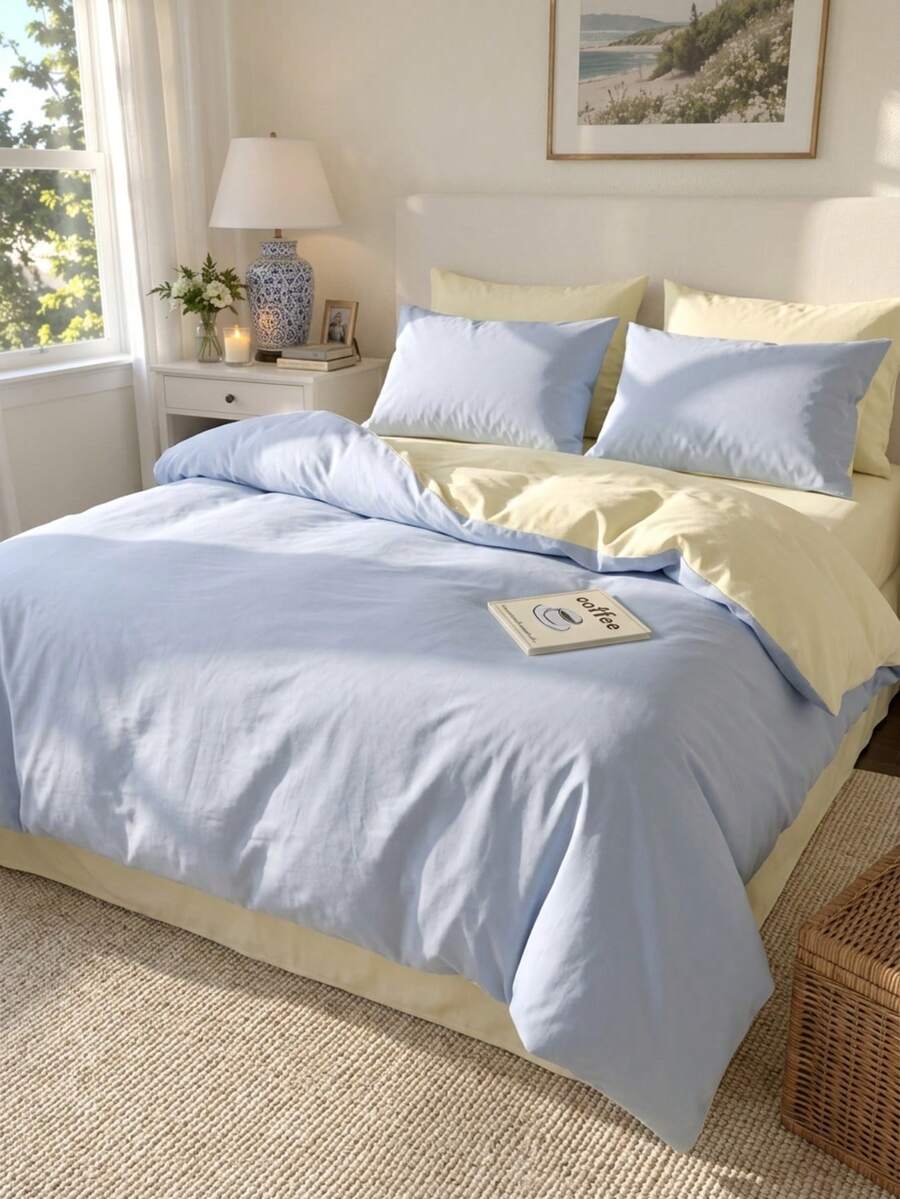Cirelle 3pcs Cotton Reversible Duvet Cover Set, Light Blue & Cream Yellow Solid Color Bedding Set With Pillow Shams, Soft Breathable Comforter Cover (No Insert) - Cream yellow + sky blue - View 1