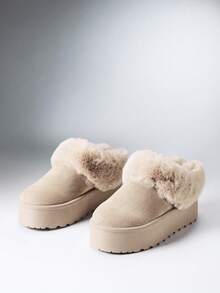 SHEIN Solezae 女款厚底雪地靴 冬季保暖毛絨飾邊一腳蹬短靴 - 淺駝色 - 查看 9