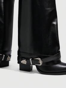 CUCCOO SZL Women's Black Autumn And Winter Pointed Square Root Simple Fashion Versatile Skinny Sleeve Patent Leather Knee Boots - Black - View 5
