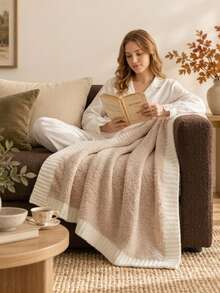 Cirelle Soft Knit Throw Blanket For Couch, Beige Cream Knit Blankets With White Ribbed Border, Warm Cozy Chunky Knit Throw Blanket For Sofa Bed Living Room Home Decor - Khaki - View 2