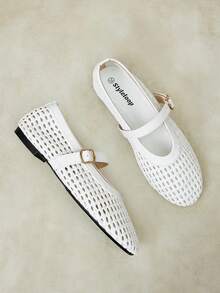 Styleloop Women Shoes French Minimalist Style Women Spring And Summer Commuting Hollowed Out Woven Single Metal Buckle Round Toe Low Vamp Breathable Fall Shoes - White - View 12