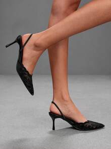 CUCCOO SZL Women's Black Floral Lace Wavy Edge Glitter Strap Pointed Toe Stiletto Heel Mule Slippers Fall Shoes - Black - View 4