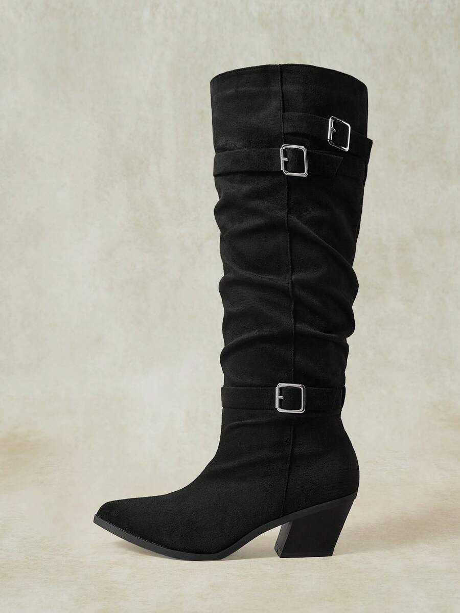 Styleloop Frosted-Faced Pointed-Toed Diagonal-Heeled High Boots Retro Punk Multi-Metallic Buckle Loose Calf Stacking Boots Fall Boots - Black - View 1