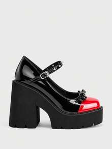 Sugerpunk Women Shoes Fashion Slope Heel Platform Shoes, Punk Style Gothic Dark Buckle With Rivets Inlaid Red And Black Splicing, Nightclub Party Sexy Fe Fall Shoes - red and black - View 5