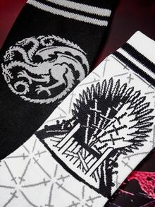 Game of Thrones X SHEIN جوارب أنبوبية متوسطة للرجال 2 زوج بنمط التنين - أبيض وأسود - مشاهدة 2