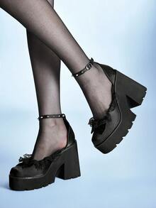 Sugerpunk Women Shoes Fashion Slope Heel Platform Shoes, Punk Style Gothic Dark Buckle With Rivet Inlay, Lace Mesh Splicing Bow Decoration, Nightclub Party Sexy Fall Shoes - Huai flail black - View 4