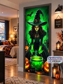 Halloween Door Curtain Decorations, Halloween Background Banner, Spooky‑Atmosphere Decor With Witch And Skull Door Cover - multicolor - View 1