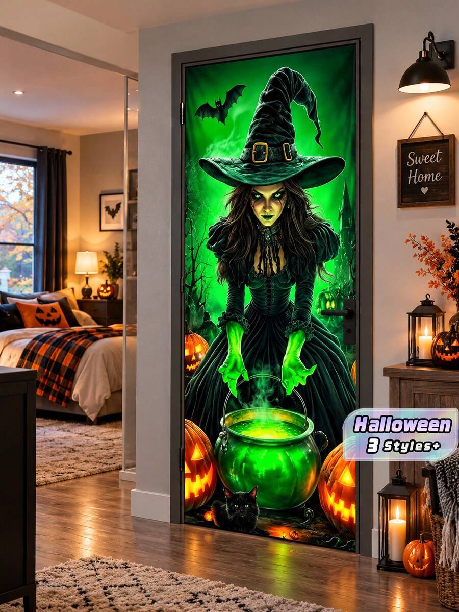 Halloween Door Curtain Decorations, Halloween Background Banner, Spooky‑Atmosphere Decor With Witch And Skull Door Cover - multicolor - View 1