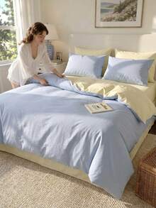 Cirelle 3pcs Cotton Reversible Duvet Cover Set, Light Blue & Cream Yellow Solid Color Bedding Set With Pillow Shams, Soft Breathable Comforter Cover (No Insert) - Cream yellow + sky blue - View 2