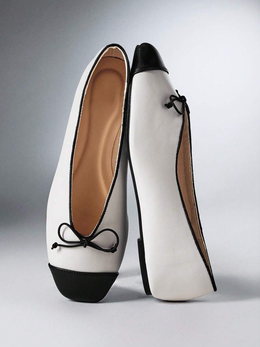 SHEIN SHUZIA Sepatu Balet Wanita Motif Blok Warna, Ujung Persegi dengan Hiasan Pita dan Pelindung Ujung Kontras, Sepatu Balerina Kasual Model Slip-On - Hitam dan Putih - View 1
