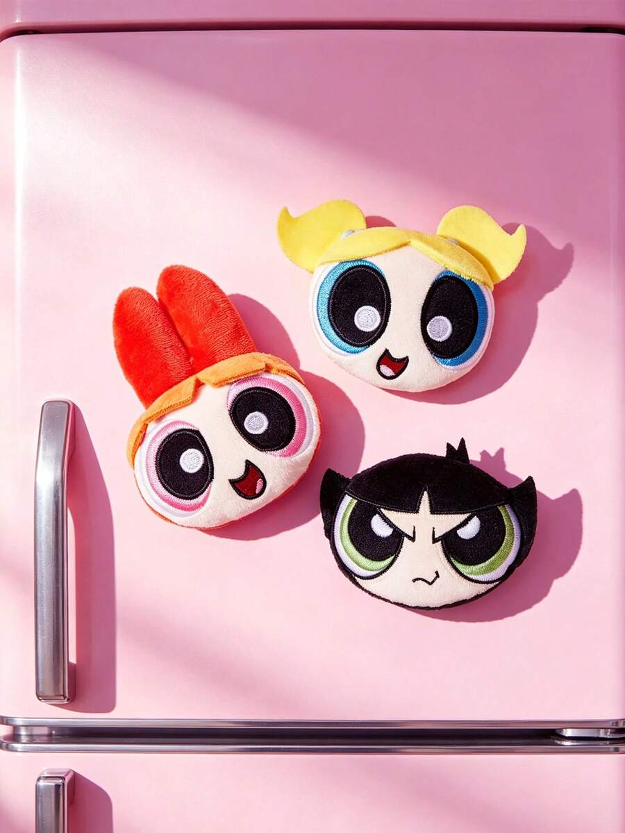 THE POWERPUFF GIRLS X SHEIN 1/3Pc Cute Cartoon Refrigerator Sticker, Pink/Purple/Blue, With Magnet On The Back, Which Can Be Attached To The Refrigerator And Various Metals. - Multicolor - View 1