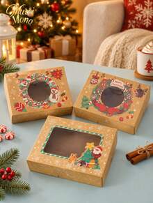 Muroi Mono A Set Of 3 Christmas Window Boxes, Kraft Paper With Transparent Window Design, Warm Retro Christmas Style, For Cookie Baking Packaging And Holiday Gift Storage. - View 9