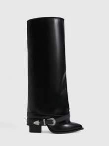 CUCCOO SZL Women's Black Autumn And Winter Pointed Square Root Simple Fashion Versatile Skinny Sleeve Patent Leather Knee Boots - Black - View 2