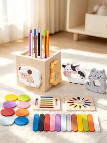 Montessori Wooden Activity Cube, Shape Sorting Toy With Animal Matching Color Sorting Sticks, Fine Motor Skills Educational Toy For Toddlers - Multicolor - View 13