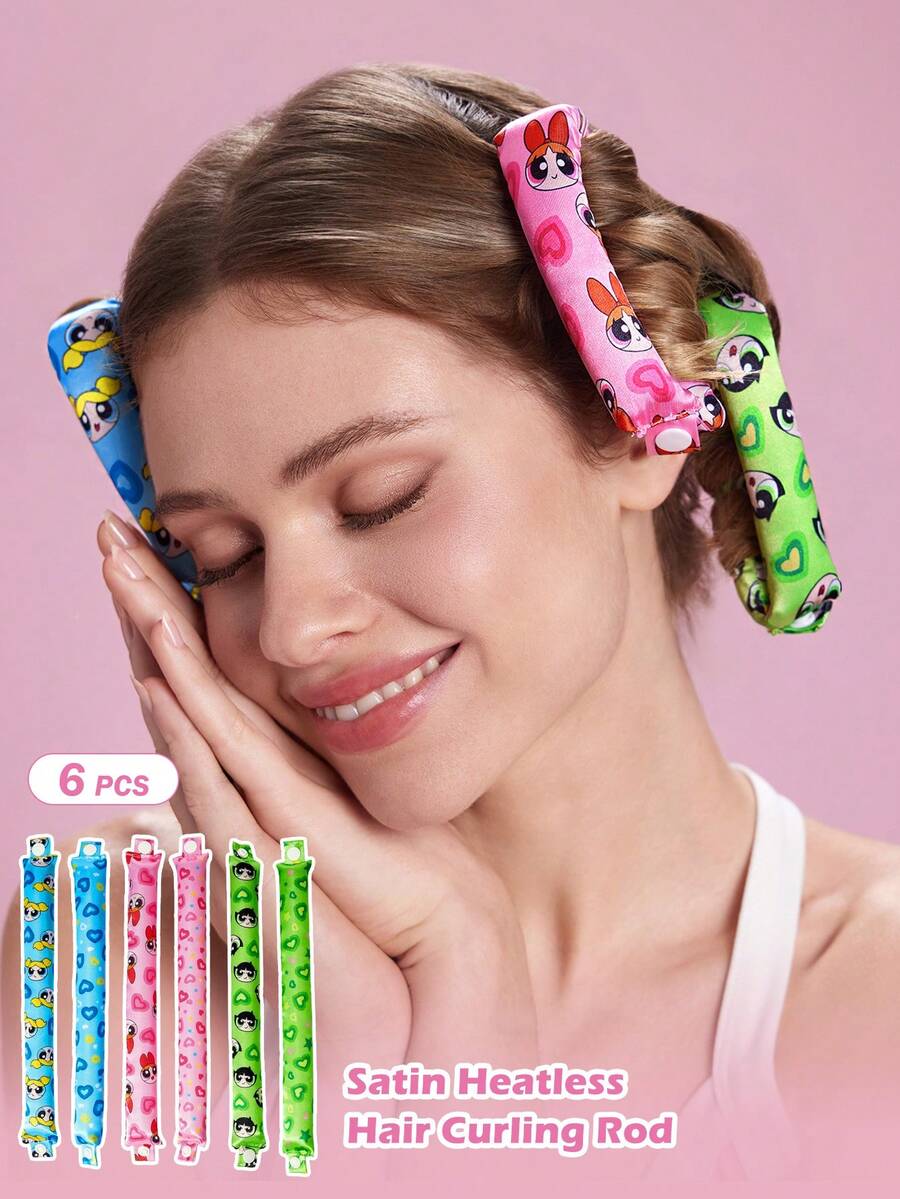 THE POWERPUFF GIRLS X SHEIN 6-Piece Cartoon Printing No Heat Curling Tool Set, - Multicolor - View 1