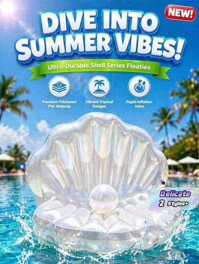 Flotador inflable grueso en forma de concha, silla flotante gigante para piscina con bola de perla, para fiestas de cumpleaños, decoración con temática oceánica, decoración de playa y fiestas en la piscina
