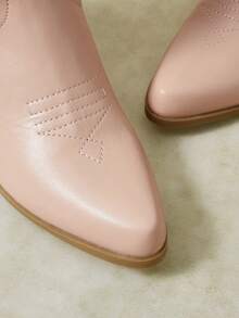 Styleloop Women's Autumn/Winter Embroidered Western Leather Boots, Slip-On Pointed Toe Chunky Heel Mid-Calf Casual Knee-High Boots Fall Boots - Pink - View 2