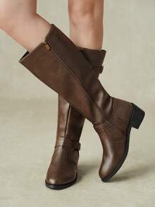 Styleloop Women's Mid Boots, Slip-On Knight Boots, Flat Street Motorcycle Boots, Low-Heeled Bohemian Boots Fall Boots - Brown - View 13