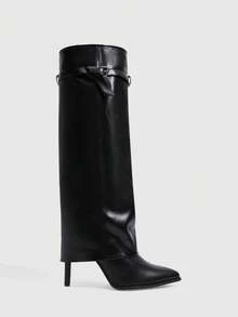 CUCCOO SZL Ladies Black Autumn And Winter Pointed Stiletto Sleeve Stylish And Simple Daily Versatile Skinny Patent Leather Knee Boots - Black - View 2