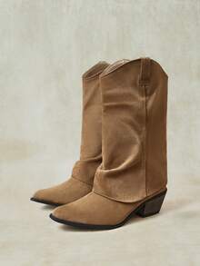 Styleloop Khaki Imitation Suede Pleated Flanged Western Cowboy Boots Pointed Toe Square Thick Heel Retro Stacked Medium Boots Autumn And Winter Fall Boots - Khaki - View 6