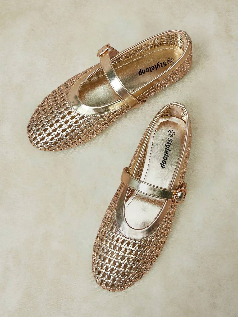 Styleloop Women Shoes French Minimalist Style Women Spring And Summer Commuting Hollowed Out Woven Single Metal Buckle Round Toe Low Vamp Breathable Fall Shoes - Gold - View 1