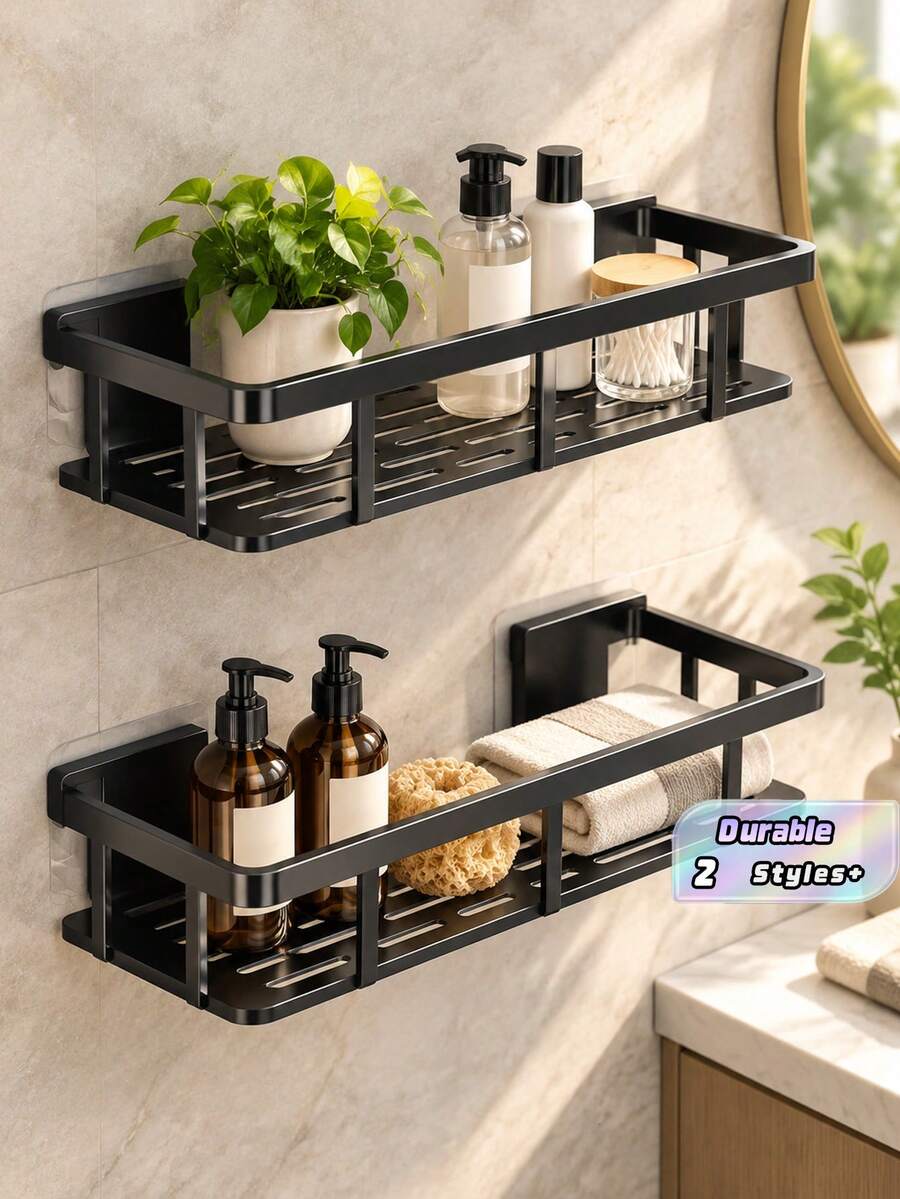2pcs Wall-Mounted Bathroom Shelves, No Drilling Required - Large Capacity, Lightweight, Space-Saving Makeup And Toiletry Storage Rack, Stylish Metal Design, Hypoallergenic Plastic, Suitable For Bathroom And Kitchen, Bathroom Accessories - Black - View 1