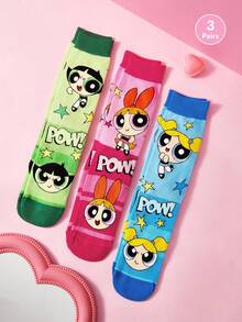 THE POWERPUFF GIRLS X SHEIN 3入組小警察女孩卡通圖案中筒襪 - 混色 - 查看 2