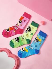 THE POWERPUFF GIRLS X SHEIN 3入組小警察女孩卡通圖案中筒襪 - 混色 - 查看 4