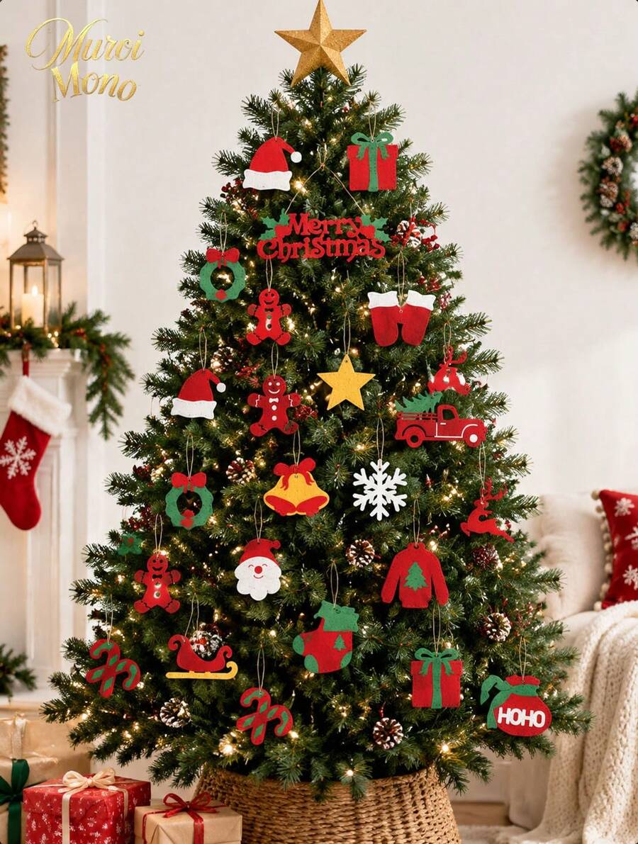 Muroi Mono A Set Of 18 Felt Christmas Tree Ornaments, Featuring Gift Box, Bell And Candy Cane Designs, In An American Vintage Holiday Style, For Christmas Tree Decoration And Holiday Scene Arrangement - Multicolor - View 1