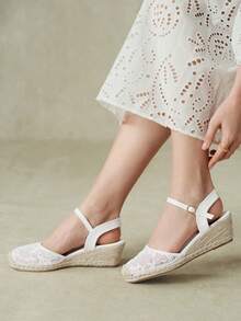 Styleloop 春夏休閒麻繩底米色蕾絲網眼踝帶女款斜跟厚底涼鞋，適合日常通勤、簡單度假旅行、田園風 - 白色 - 查看 11