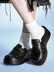 Sugerpunk Retro Rivet Heel Mules Shoes Women's, Back Sole Slip-On Punk Style Versatile Outdoor Cool Slippers, Summer Wear Fall Shoes - Black - View 1
