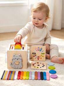 Montessori Wooden Activity Cube, Shape Sorting Toy With Animal Matching Color Sorting Sticks, Fine Motor Skills Educational Toy For Toddlers - Multicolor - View 3