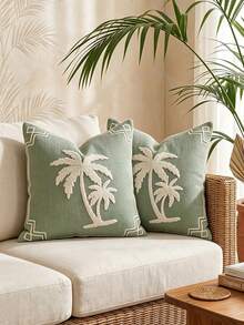 Cirelle 1pc/2pcs Sage Green Palm Tree Decorative Pillow Cover, Tufted White Palm Embroidered Cushion Case With Border Trim, Soft Pillow Case For Couch Bed Home Decor (No Insert) - Green - View 8