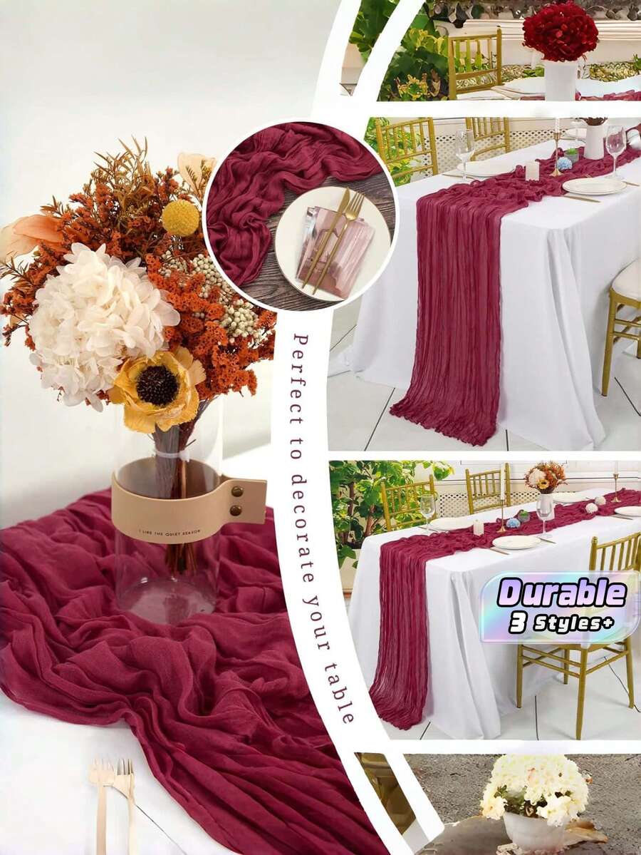 1pc Bali Style Pink Pleated Table Runner, Bohemian Twisted Gauze Polyester Blend Fabric, Versatile Christmas Wedding Birthday Party Table Decoration - Burgundy - View 1