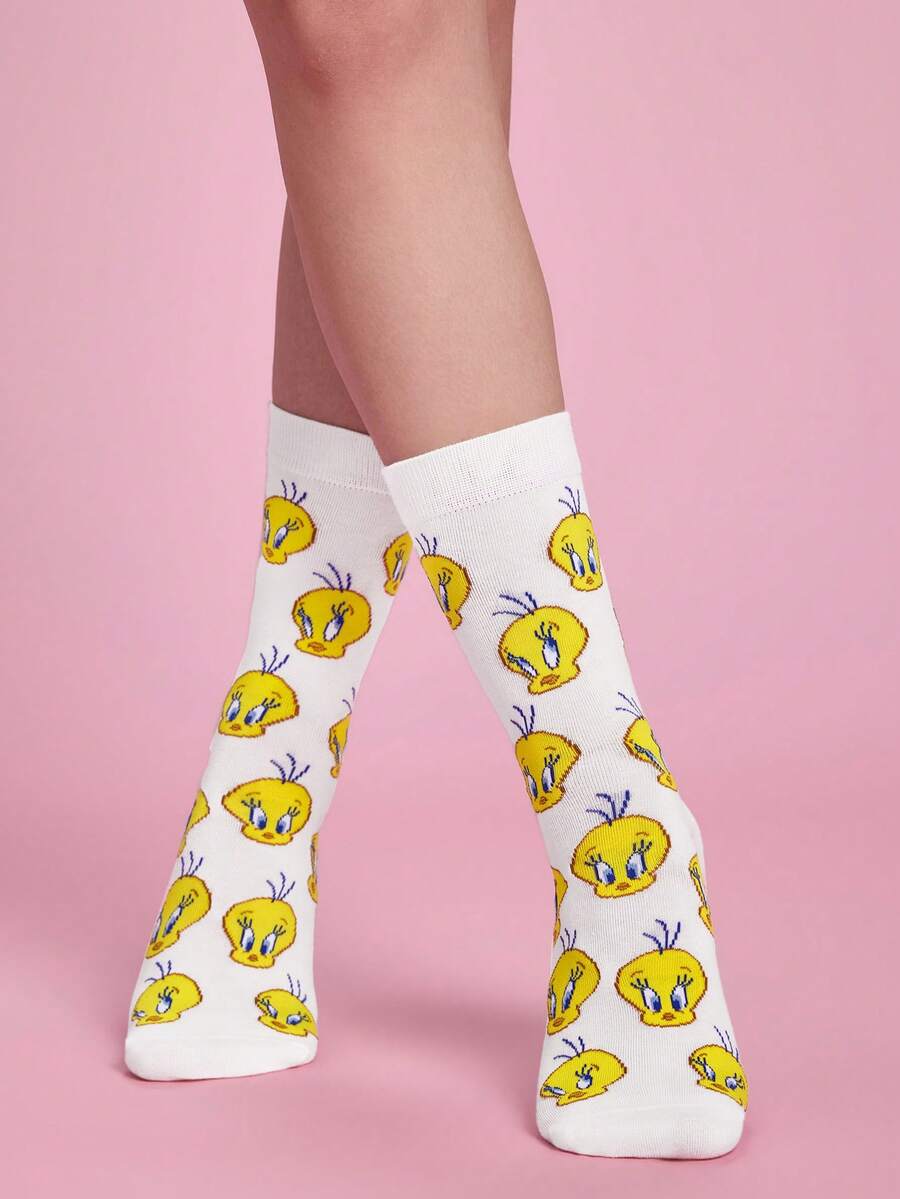 LOONEY TUNES X SHEIN 1雙女款格紋卡通圖案可愛筒襪 - 白色 - 查看 1