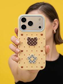 ShellaStory Cute Bunny And Bear Polka Dot Phone Case For Phone 18 Pro, Phone 16, 3D, Simple And Adorable, Soft Case For Phone 17 And 18. Features Include: Girly, Geometric, Cartoon Style, Color Blocking, Niche, Soft Girl - Yellow - View 2