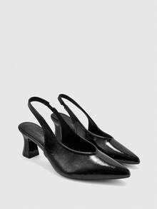 CUCCOO BIZCHIC Korean Minimalist V-Mouth Rear Empty Single Shoes, Black Pleated Glossy Pointed Small Square Heel Half Tray, Workplace Commuting Versatile Rear Strap - Black - View 1