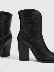 CUCCOO SZL Sepatu Bot Pesta Wanita Gaya Vintage Western Hak Tebal Lancip Hitam untuk Musim Gugur/Dingin - Hitam - View 5