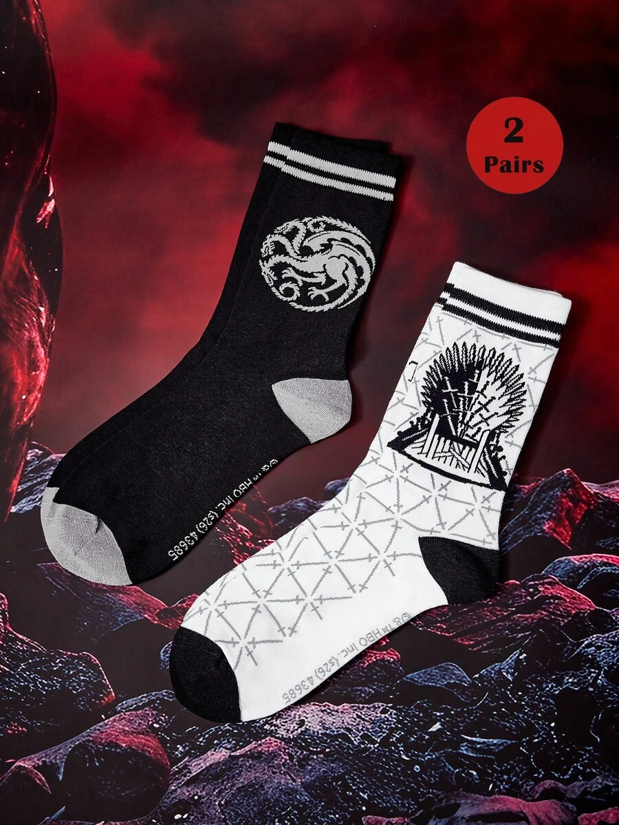 Game of Thrones X SHEIN جوارب أنبوبية متوسطة للرجال 2 زوج بنمط التنين - أبيض وأسود - مشاهدة 1