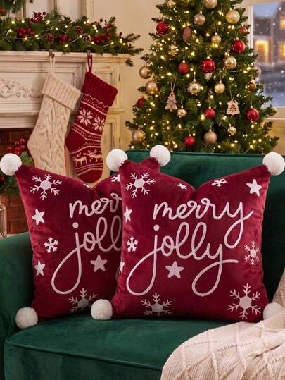 Cirelle 1/2Pcs Christmas Velvet Square Pillow Cover, Pom‑Pom Corner Design With White Embroidered Merry Jolly Letter Snowflake Star Cushion Cover, Farmhouse Xmas Decor Throw Pillow Case For Sofa Bedroom Apartment Home Holiday Decoration, No Pillow Insert