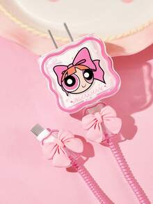 THE POWERPUFF GIRLS X SHEIN Pelindung Kabel Data, Cocok untuk Charger , Set 4 Buah Pelindung Kabel Ponsel, Pelindung Charger (Tidak Termasuk Kabel Data) - Berwarna merah muda - View 2