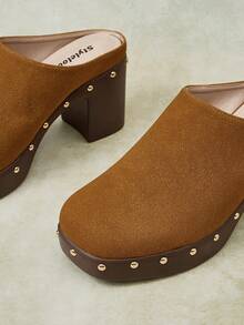 Styleloop Outdoor Women's Square Toe Side Round Nails Decoration Fashionable, Simple, Breathable And Comfortable Party Shoes With Slip-On Exposed Heel Fall Shoes - Brown - View 8