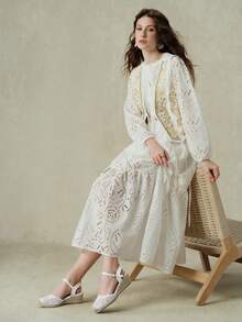 Styleloop 春夏休閒麻繩底米色蕾絲網眼踝帶女款斜跟厚底涼鞋，適合日常通勤、簡單度假旅行、田園風 - 白色 - 查看 2